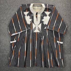 Vintage African Fugu Smock Woven‎ Striped Pockets Bakatari Black Orange White